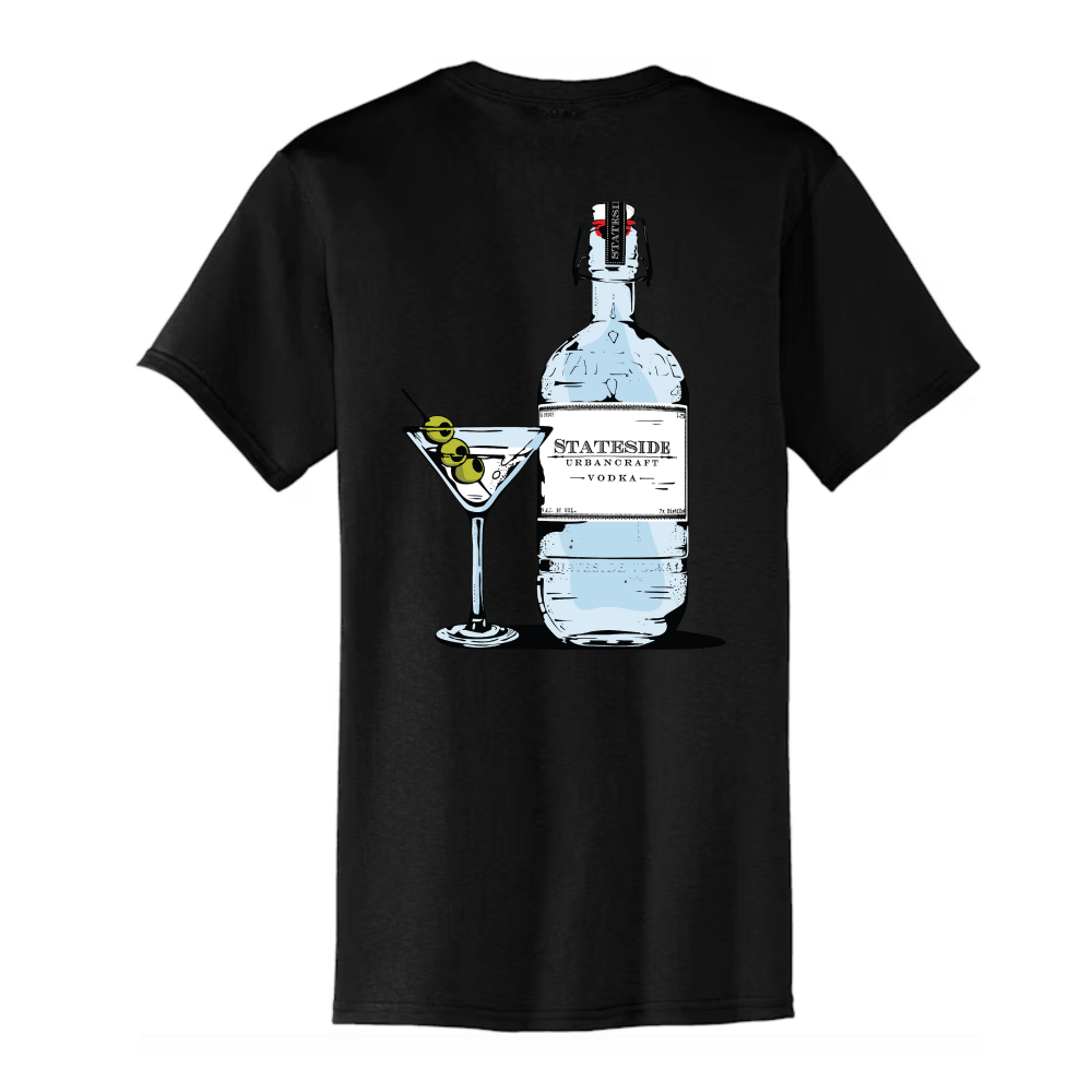 Black Stateside Urbancraft Vodka t-shirt with a graphic of the Stateside Vodka bottle and martini glass with olives on a white background