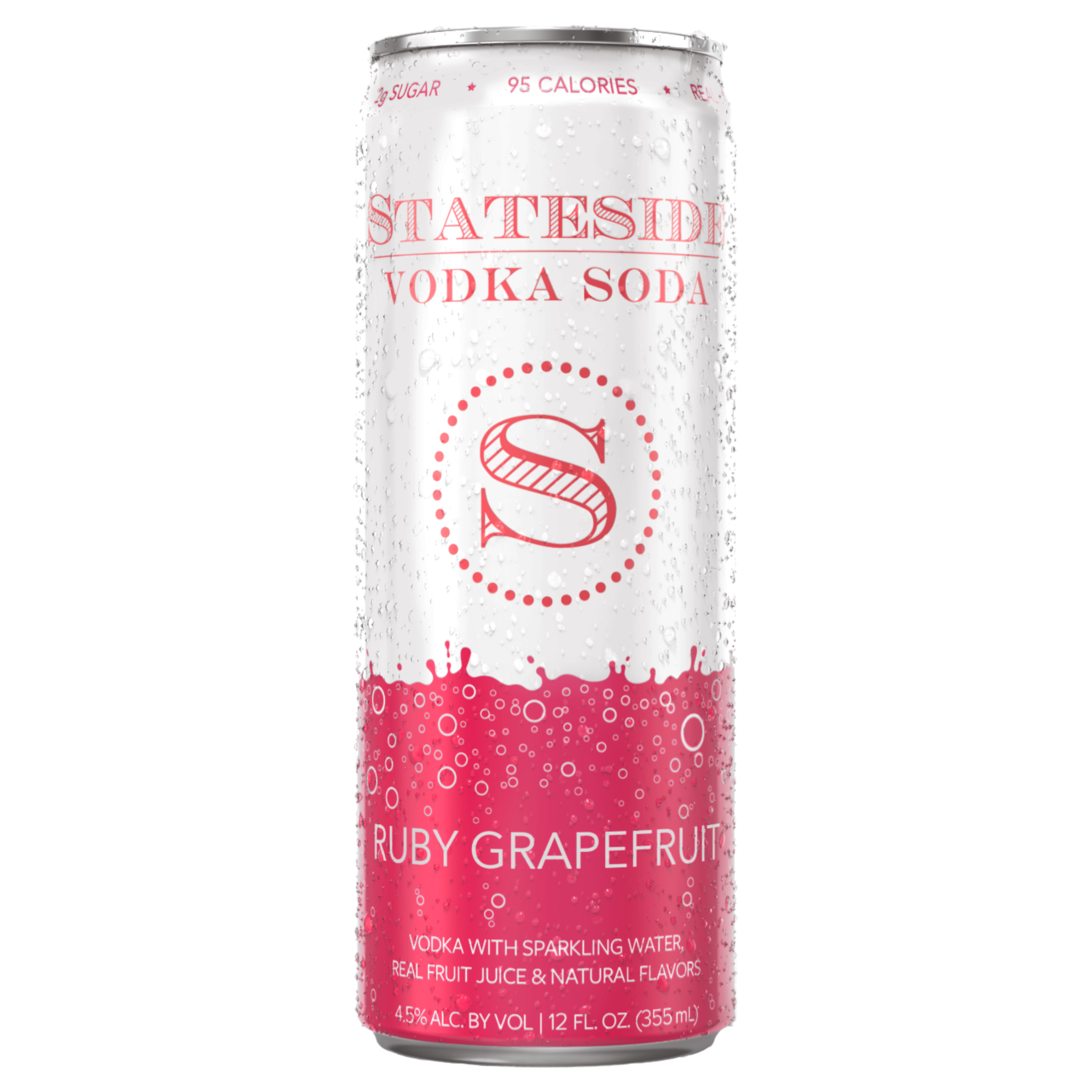 Stateside Vodka Soda Ruby Grapefruit can with pink text about ingredients and 95 calories with Stateside Vodka logo