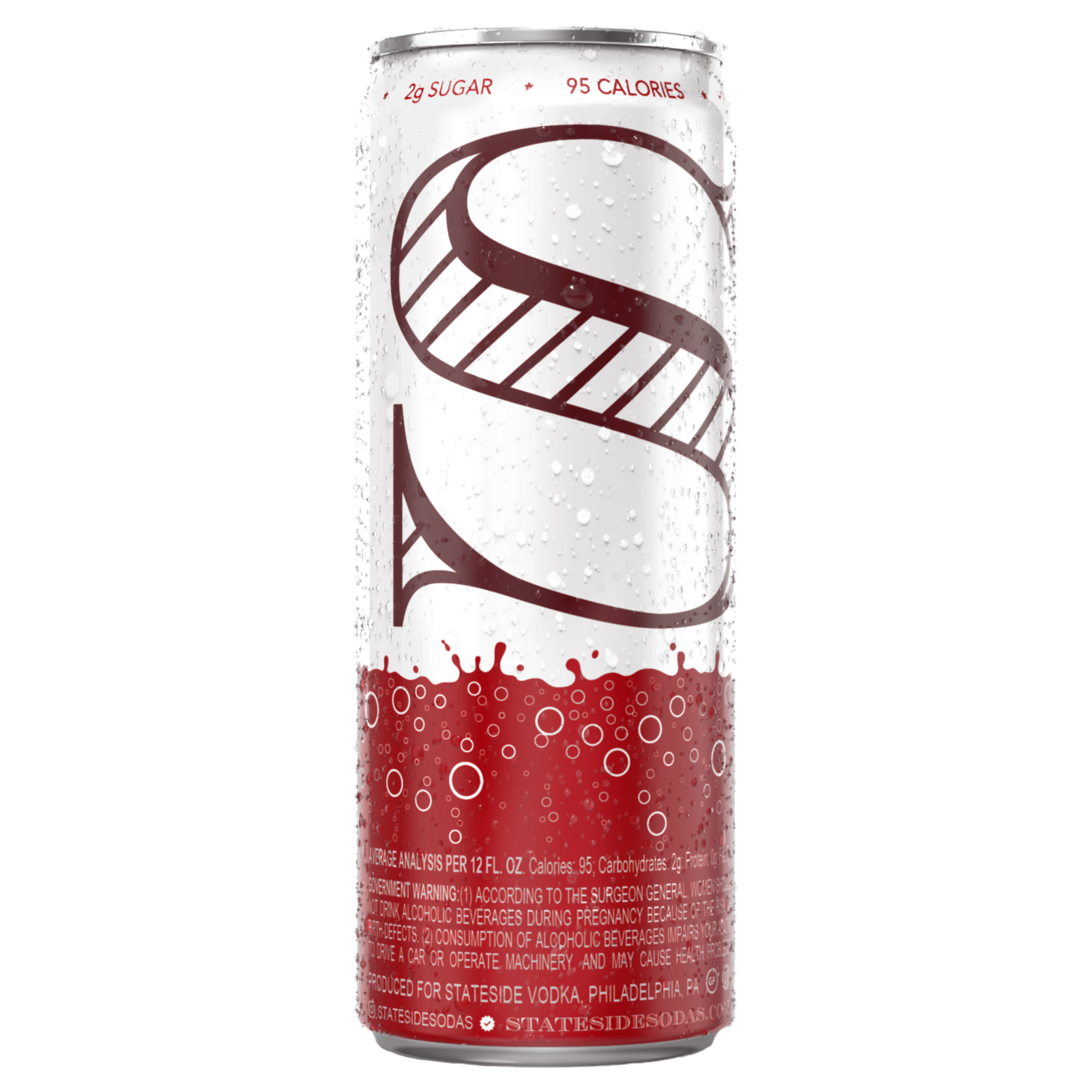 Back of Stateside Vodka Soda Black Cherry 12 fl oz can with Stateside Vodka logo and ingredients, 
2 grams of sugar and 95 calories


