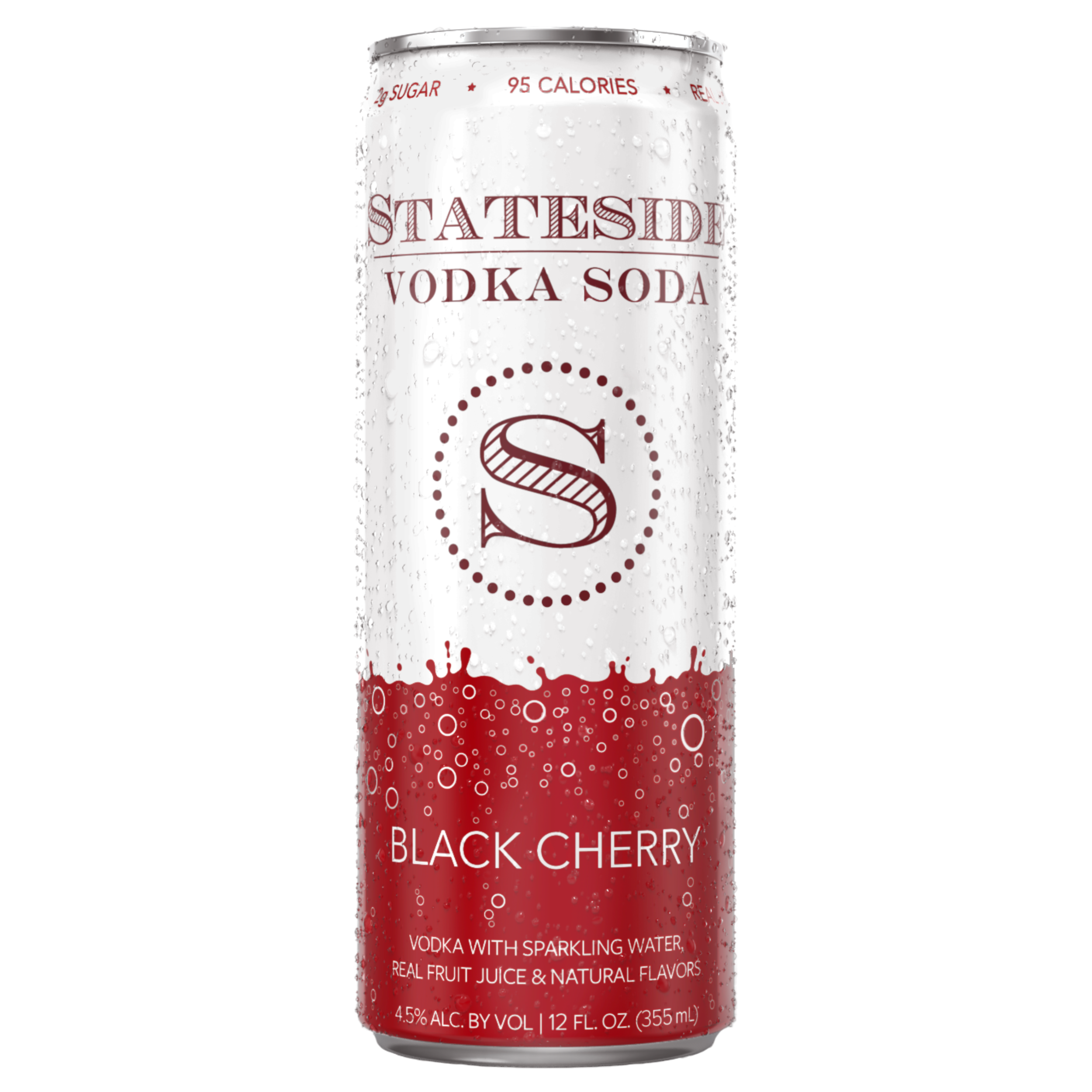 Stateside Vodka Soda Black Cherry 12 fl oz can with Stateside Vodka logo and ingredients calling out 4.5% alcohol by volume and 12fl oz

