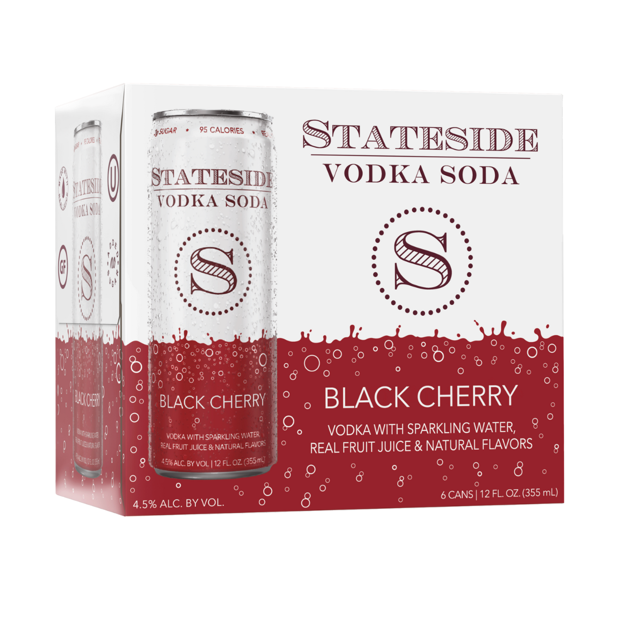 A can of Stateside Vodka Soda in Black Cherry flavor with a white and red design, indicating 95 calories and 4.5% ABV.