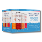 A pack of Stateside Vodka Soda Greatest Hits, containing 12 cans in flavors Orange, Black Cherry, Peach, and Grapefruit.