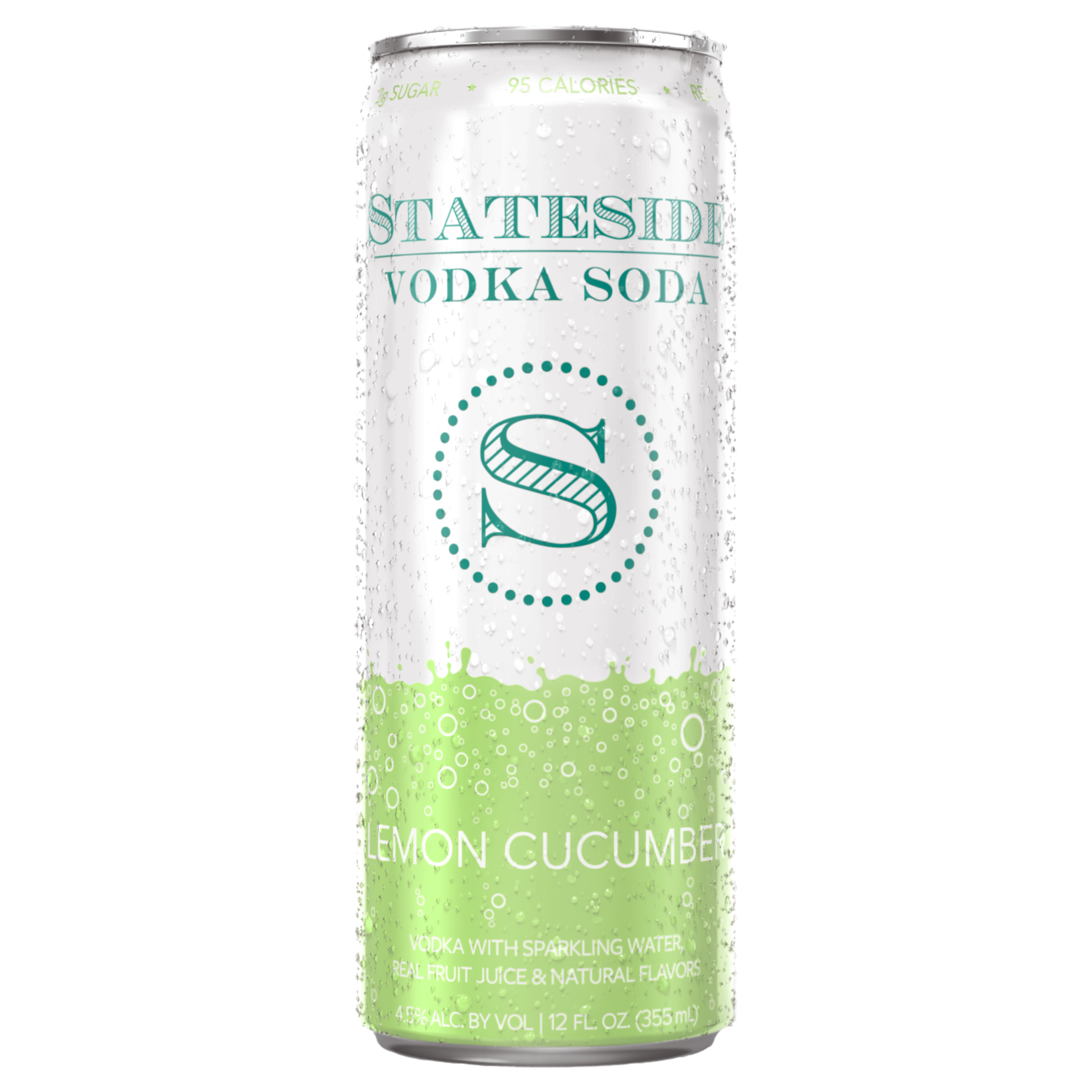 Stateside Vodka Soda Lemon Cucumber 12 fl oz can with Stateside Vodka logo and ingredients calling out 4.5% alcohol by volume and 12fl oz
