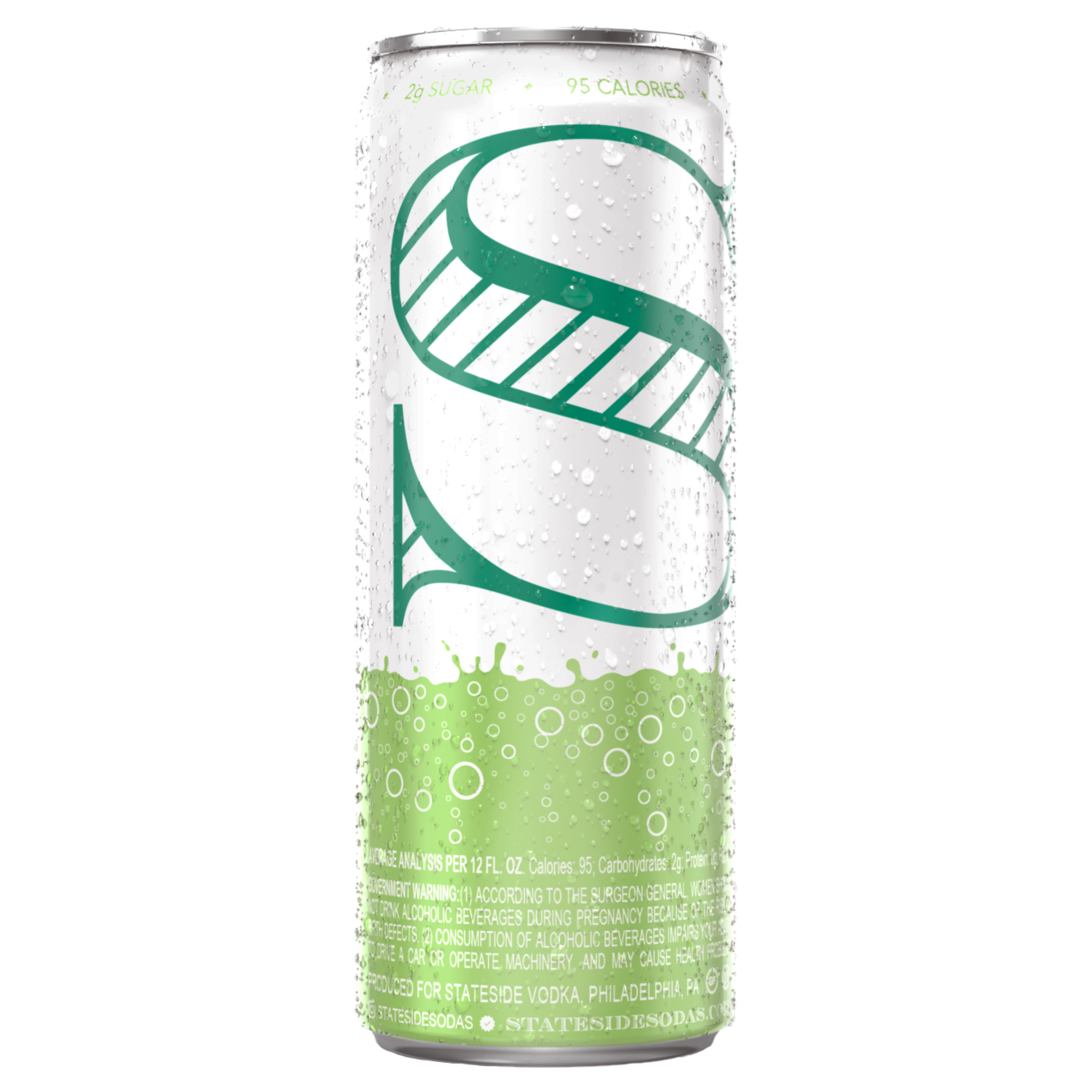 Back of Stateside Vodka Soda Lemon Cucumber 12 fl oz can with Stateside Vodka logo and ingredients, 
2 grams of sugar and 95 calories
