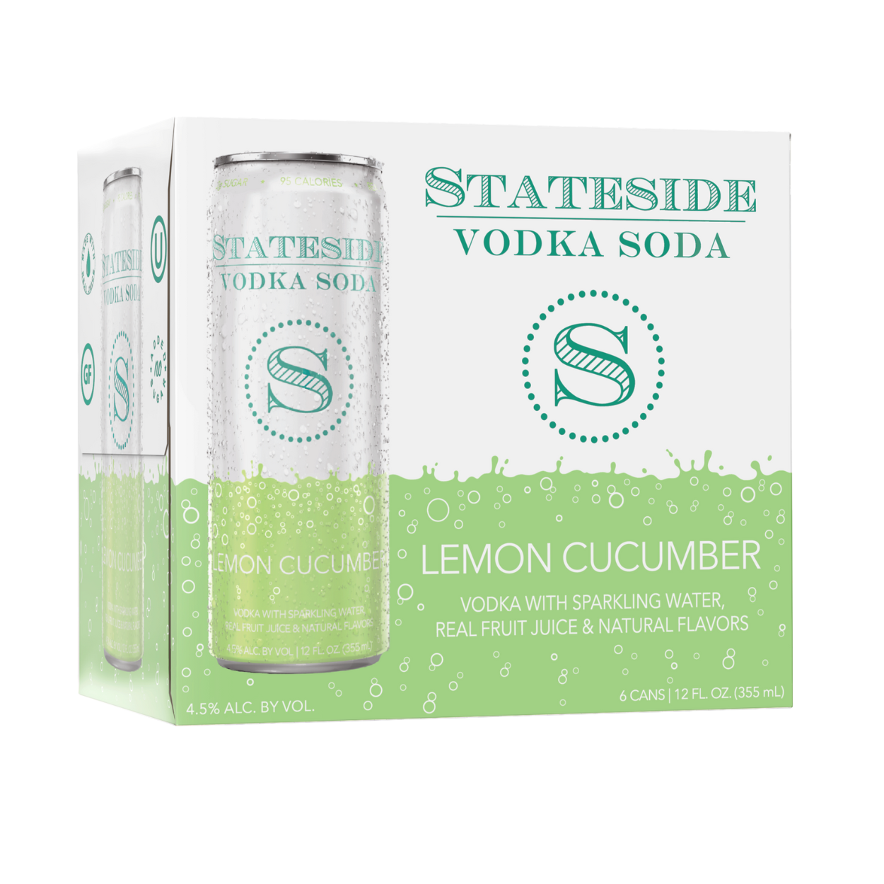 A can of Stateside Vodka Soda with Lemon Cucumber flavor, displaying the brand's logo and the 4.5% ABV percentage with a white background.