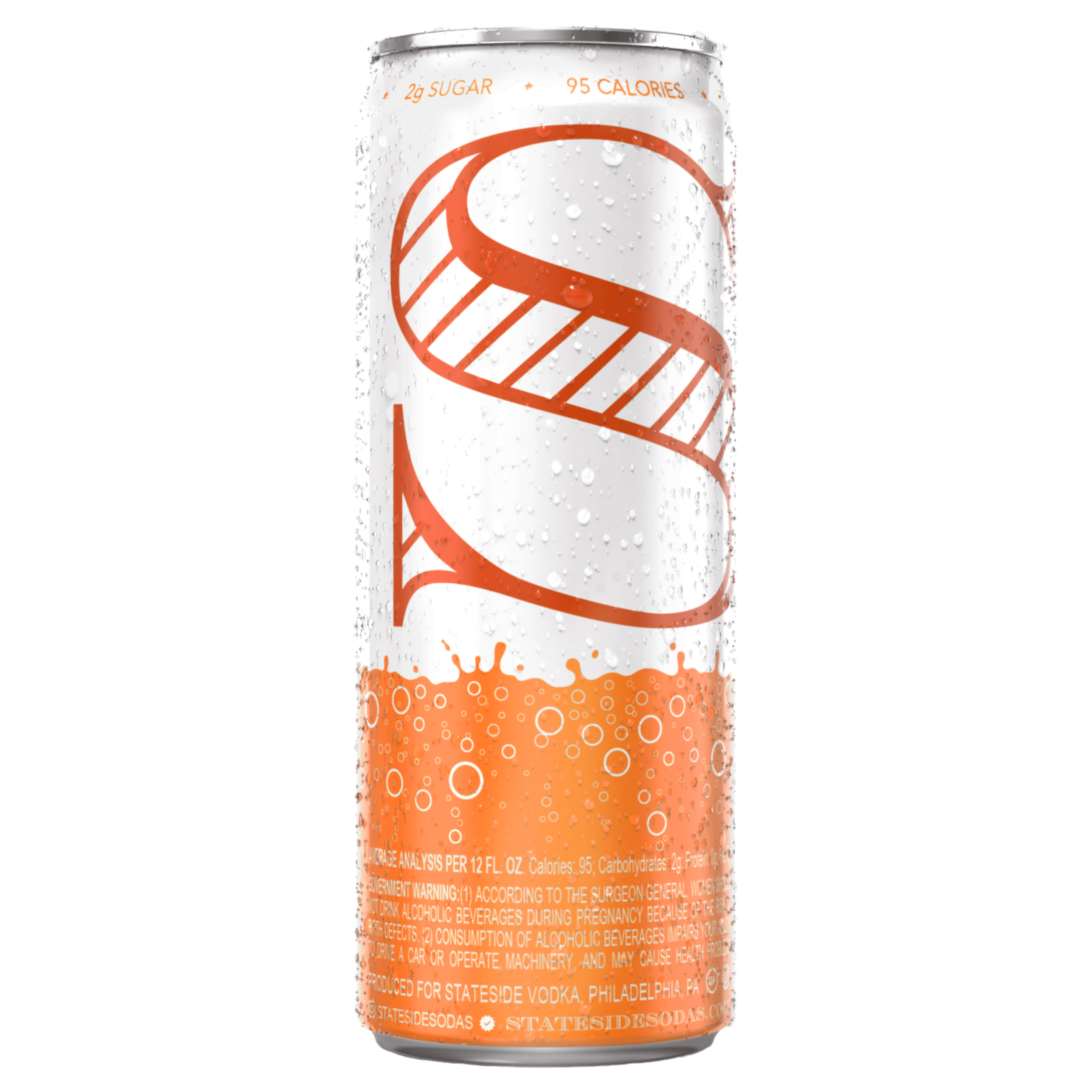 Back of Stateside Vodka Soda Orange 12 fl oz can with Stateside Vodka logo and ingredients, 
 grams of sugar and 95 calories