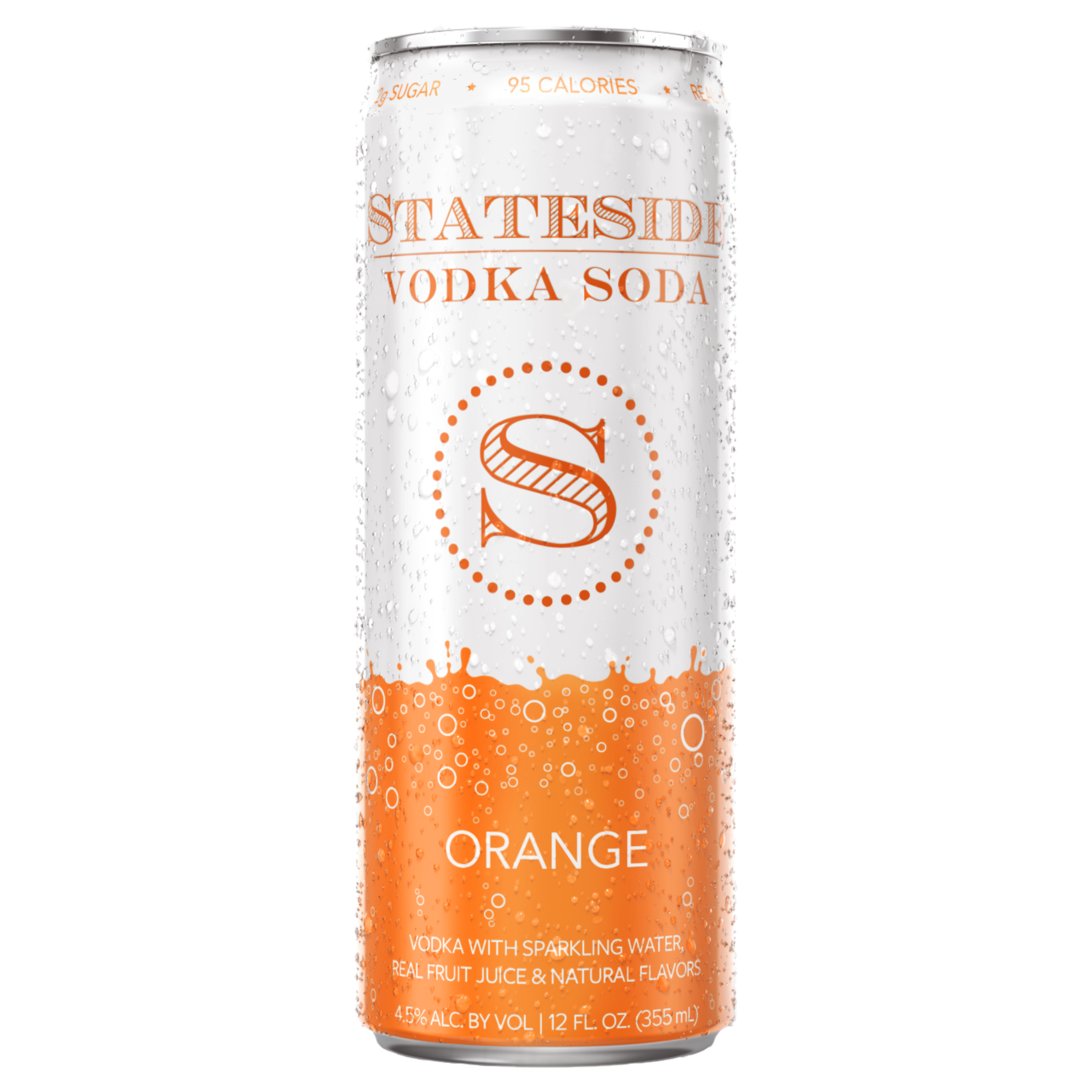 Stateside Vodka Soda Orange 12 fl oz can with Stateside Vodka logo and ingredients calling out 4.5% alcohol by volume and 12fl oz
