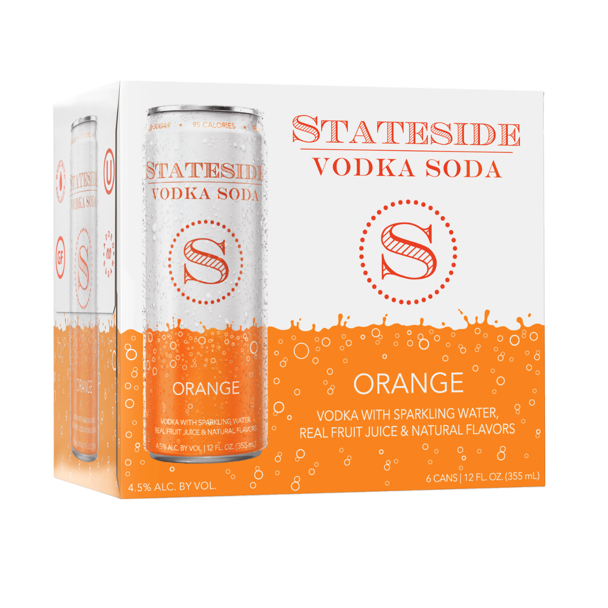 A 6 pack of Stateside Vodka Soda with orange flavor, displaying the brand's logo and the word 'ORANGE' on the front on a white background 
