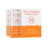 A 6 pack of Stateside Vodka Soda with orange flavor, displaying the brand's logo and the word 'ORANGE' on the front on a white background 