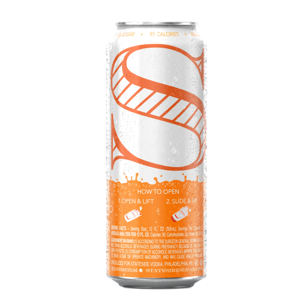 Stateside Vodka Soda Orange can with orange and white design on a white background with instructions