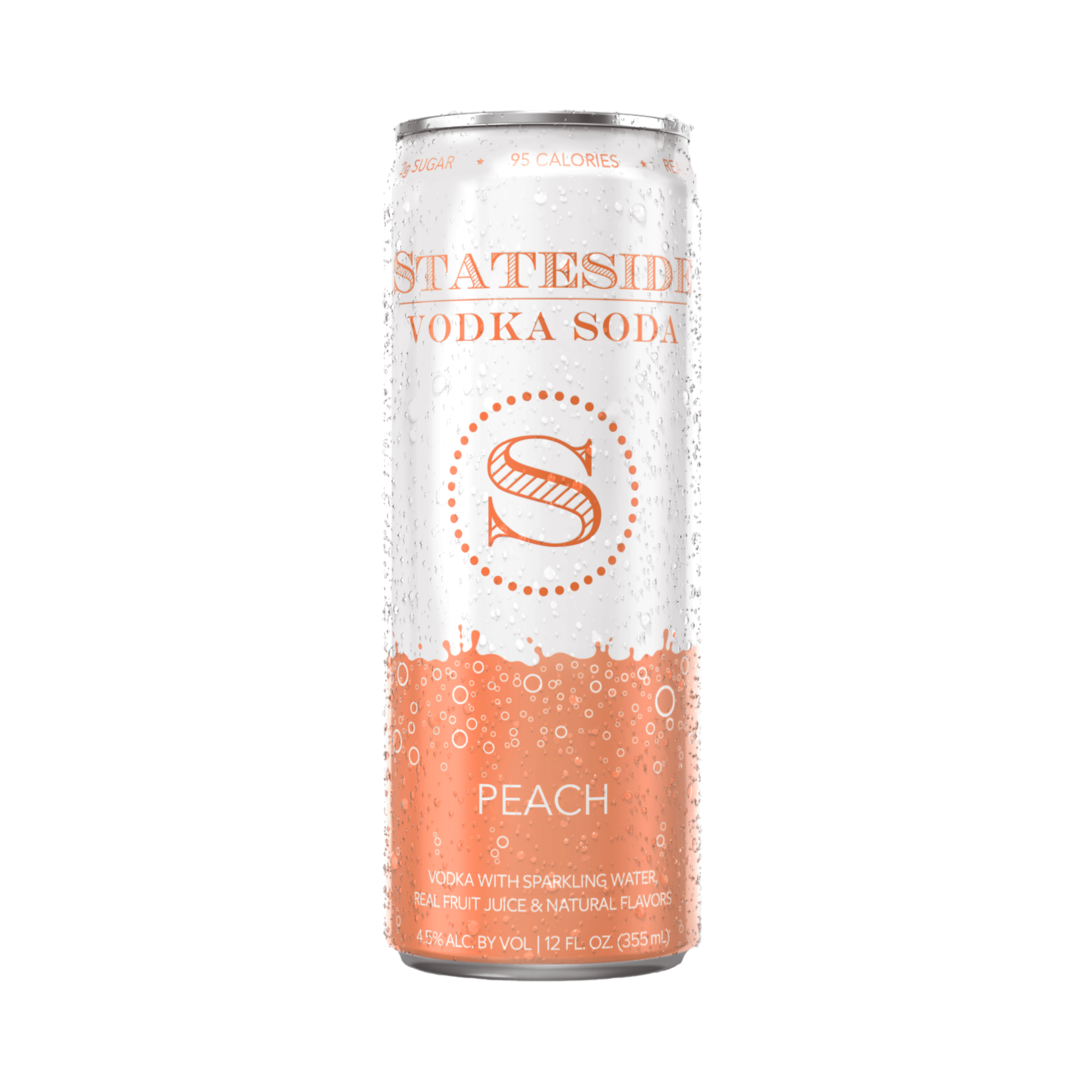 Stateside Vodka Soda Peach 12 oz fl can front featured on a white background