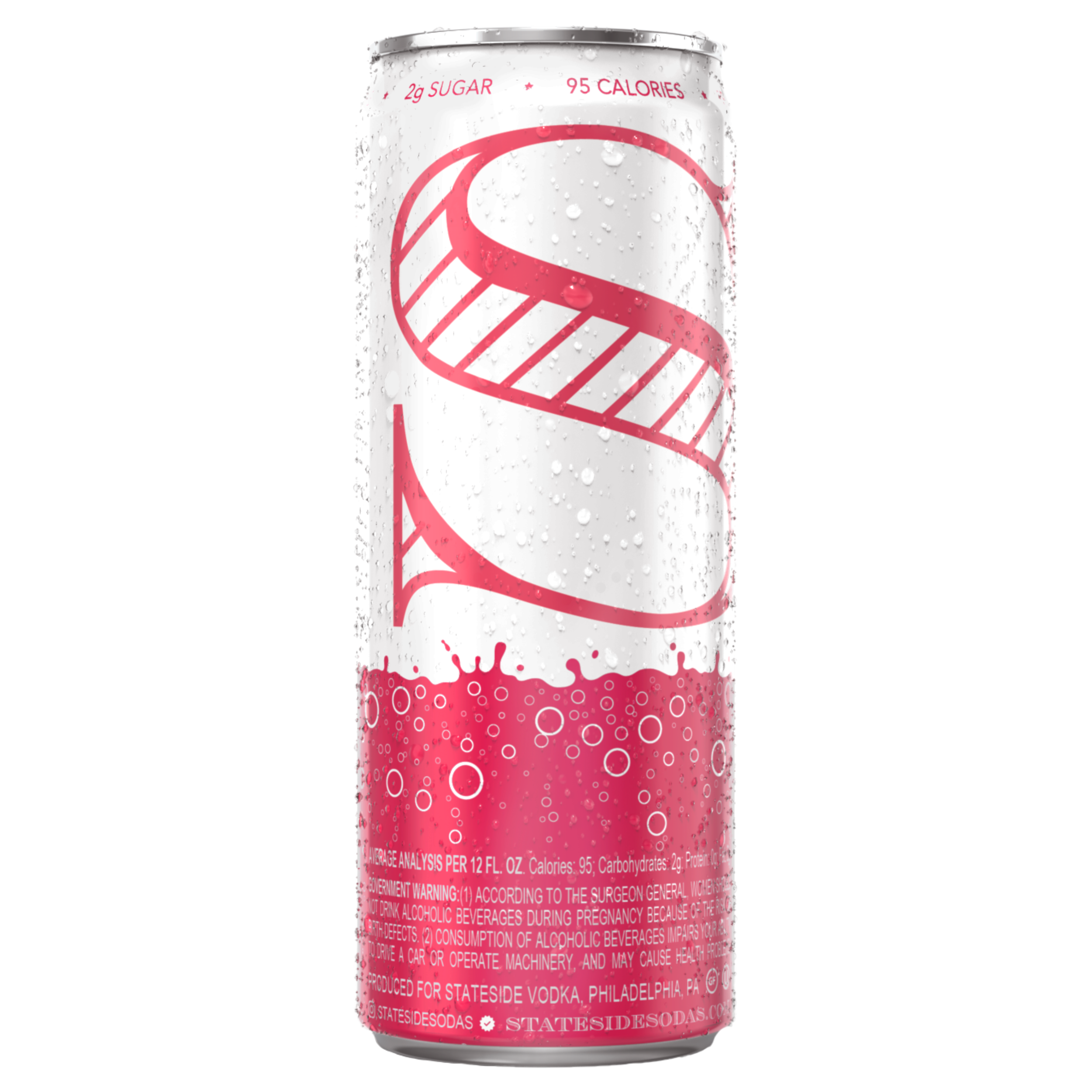 Stateside Vodka Soda Ruby Grapefruit
in pink text with a large Stateside logo and ingredients calling out 2 grams of sugar and 95 calories