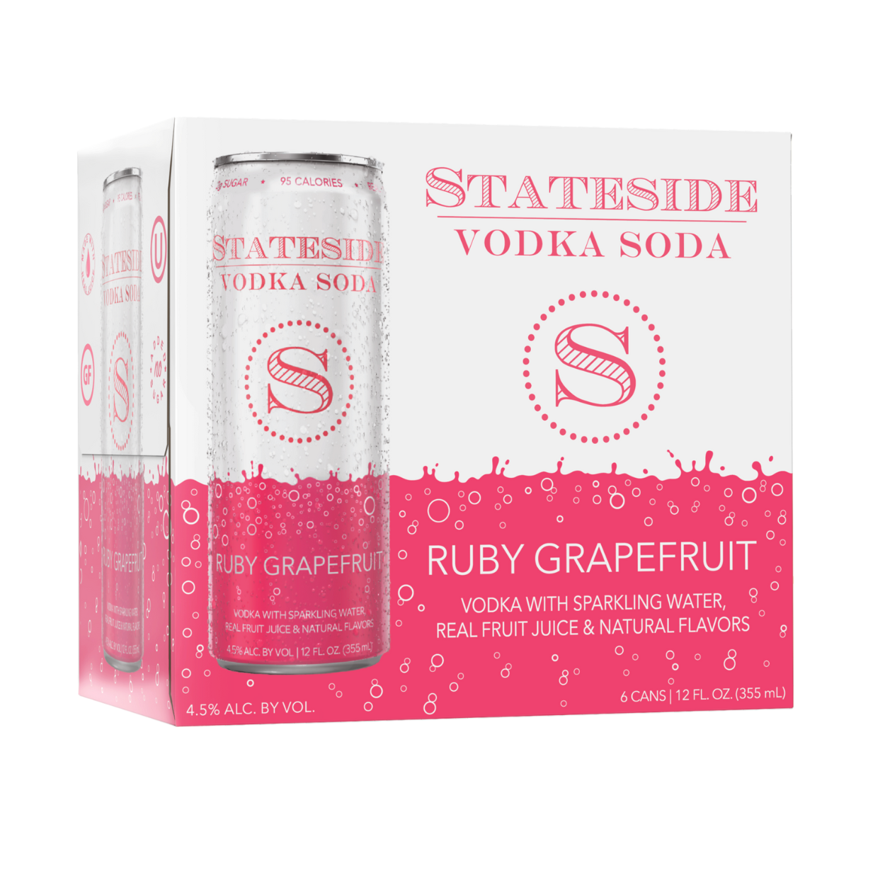 A 6 pack  of Stateside Vodka Soda with Ruby Grapefruit flavor, indicating 95 calories and 4.5% ABV on a white background.