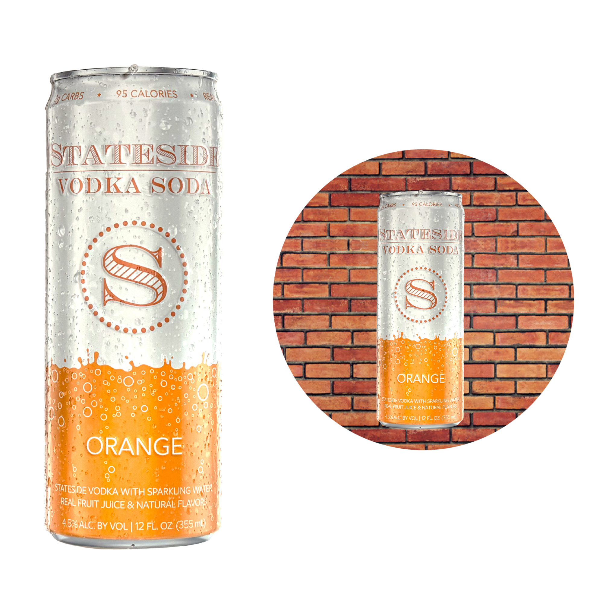 Stateside Vodka Soda Orange can tin tacker with a brick wall background
