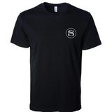 Black t-shirt with the white Stateside Vodka "S" logo on the chest against a white background