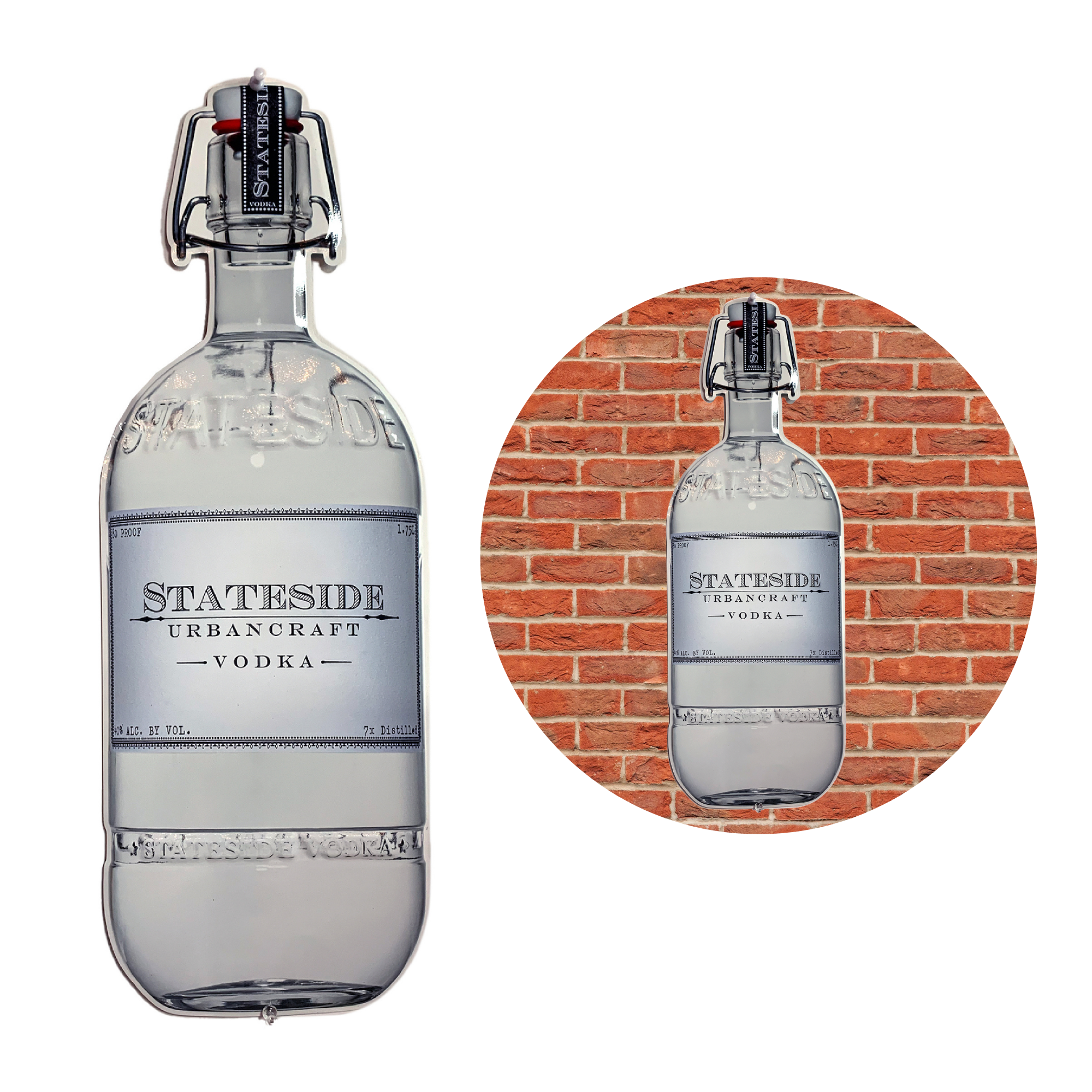 Stateside Urbancraft Vodka bottle tin tacker with a close-up image against a brick wall.