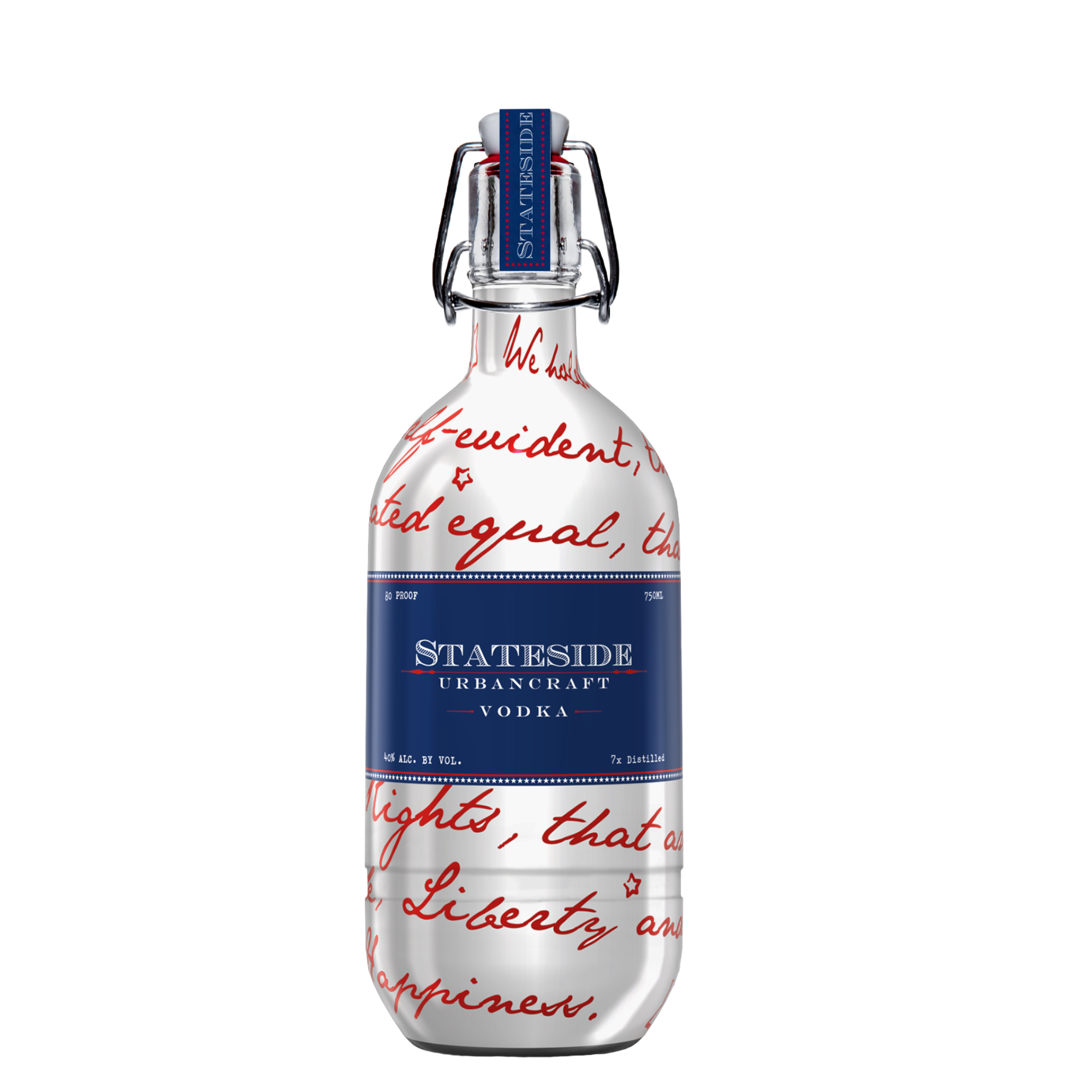 Stateside Urbancraft Vodka USA edition bottle with red and blue text and blue label on a white background