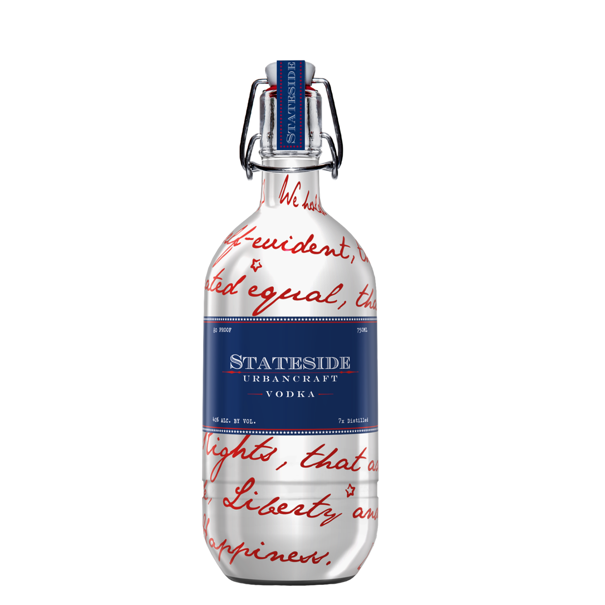 Stateside Urbancraft Vodka USA edition bottle with red and blue text and blue label on a white background