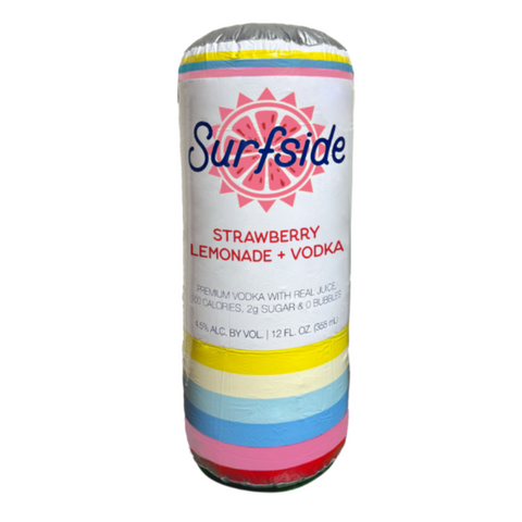 Surfside Strawberry Lemonade + Vodka can with colorful label on a white background