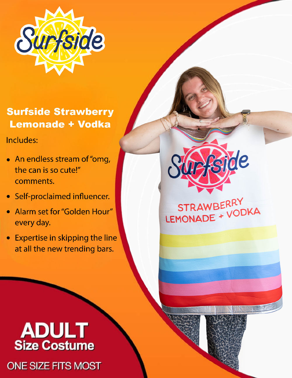 Person wearing a colorful 'Surfside Strawberry Lemonade + Vodka' can costume with promotional text on an orange background.