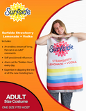 Person wearing a colorful 'Surfside Strawberry Lemonade + Vodka' can costume with promotional text on an orange background.