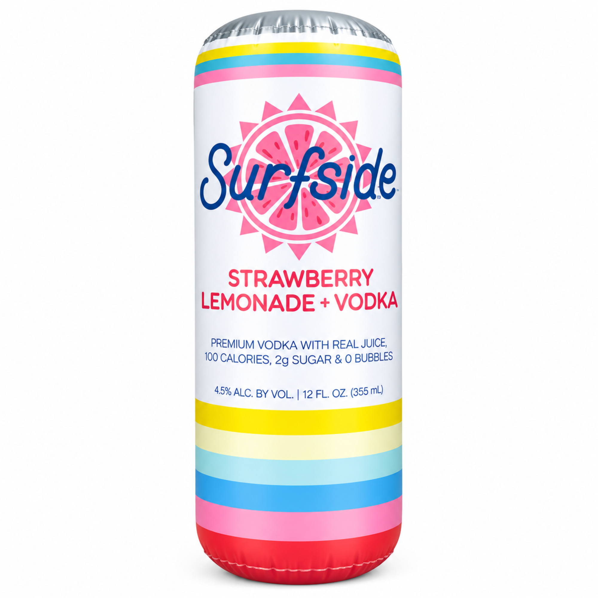 Surfside Strawberry Lemonade + Vodka can with colorful label on a white background