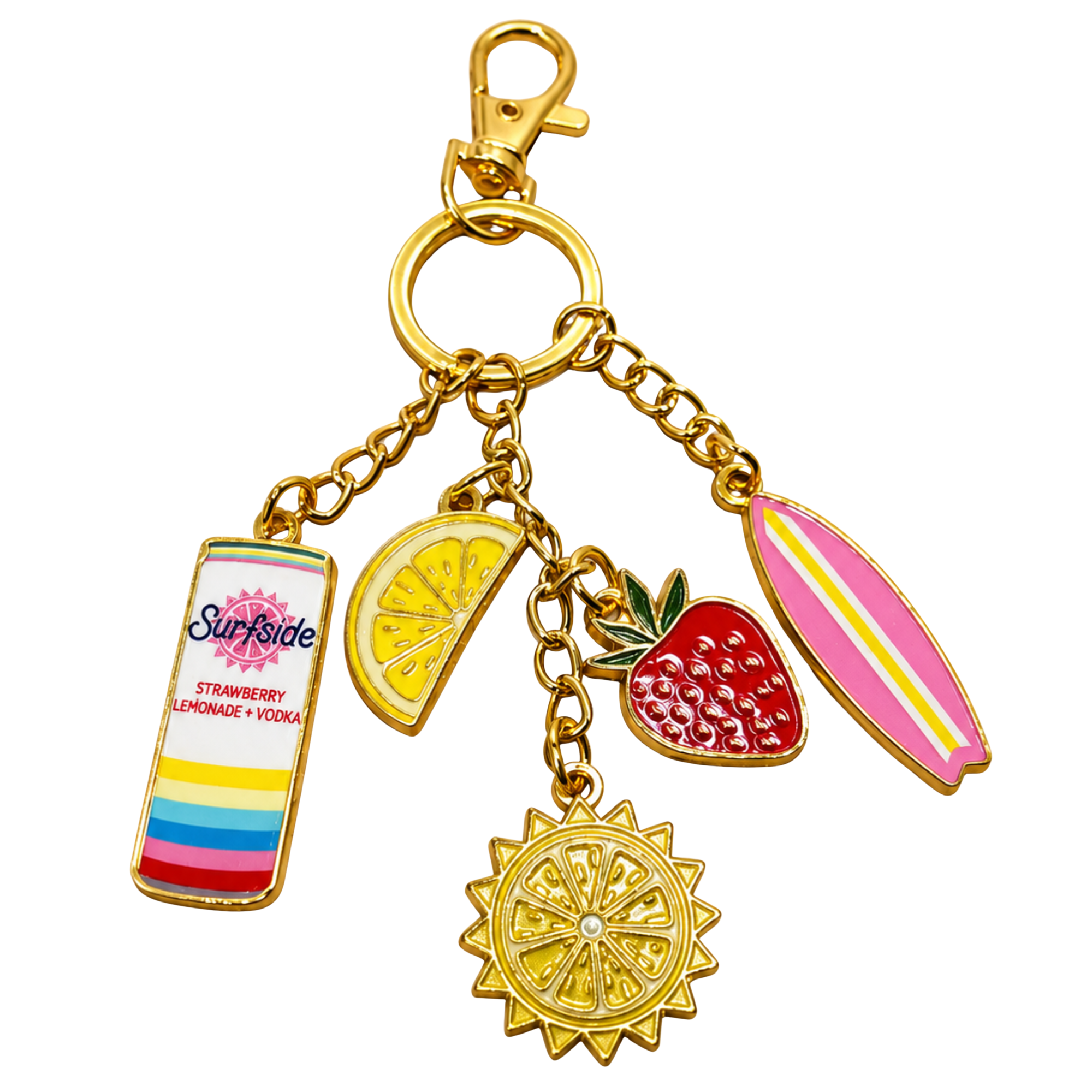 Keychain with colorful charms including a Surfside Strawberry Lemonade and Vodka can, lemon, strawberry, surfboard, and sun on a beige background.
