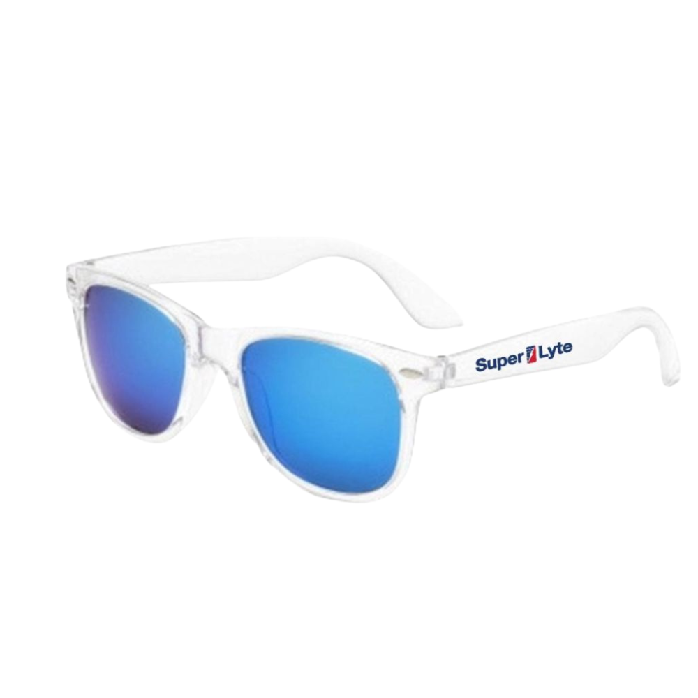 Sunglasses with blue lenses and clear frame on a white background, featuring Super Lyte branding.