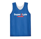 A blue mesh athletic tank top with a white inner collar, featuring a 'Super Lyte VODKA + ADE' logo printed on the chest.
