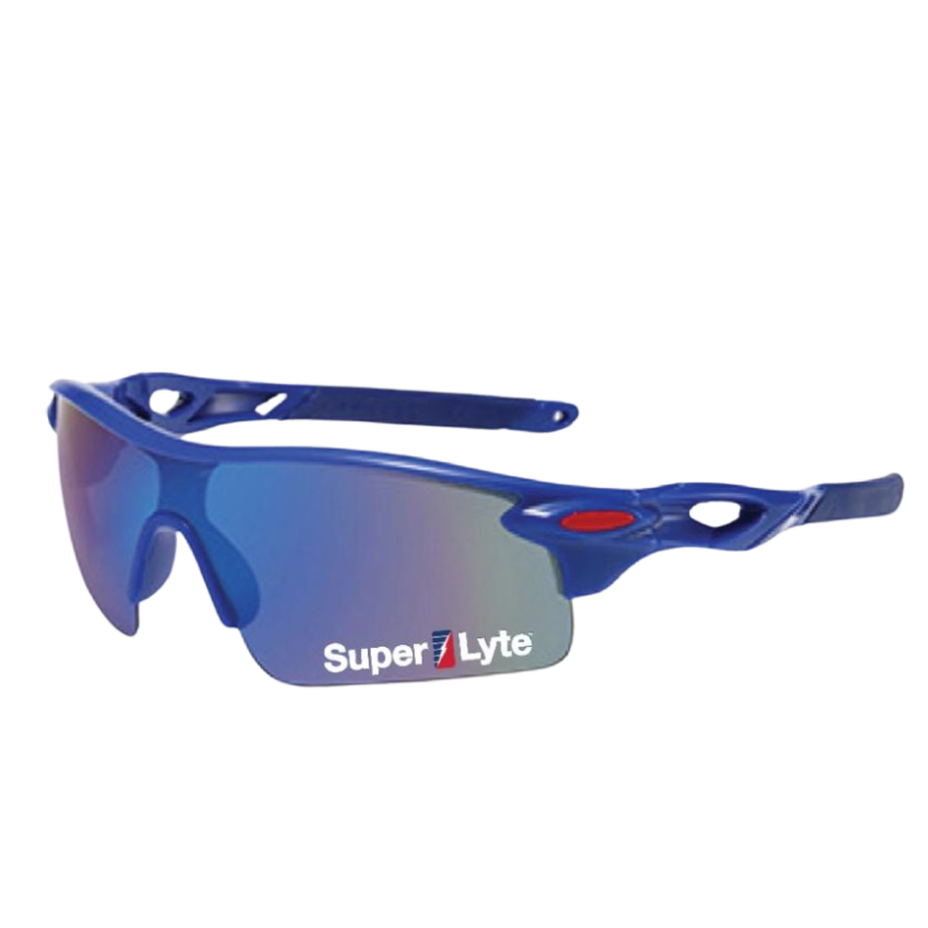 Blue sport shield sunglasses with a reflective lens on a white background and Super Lyte branding