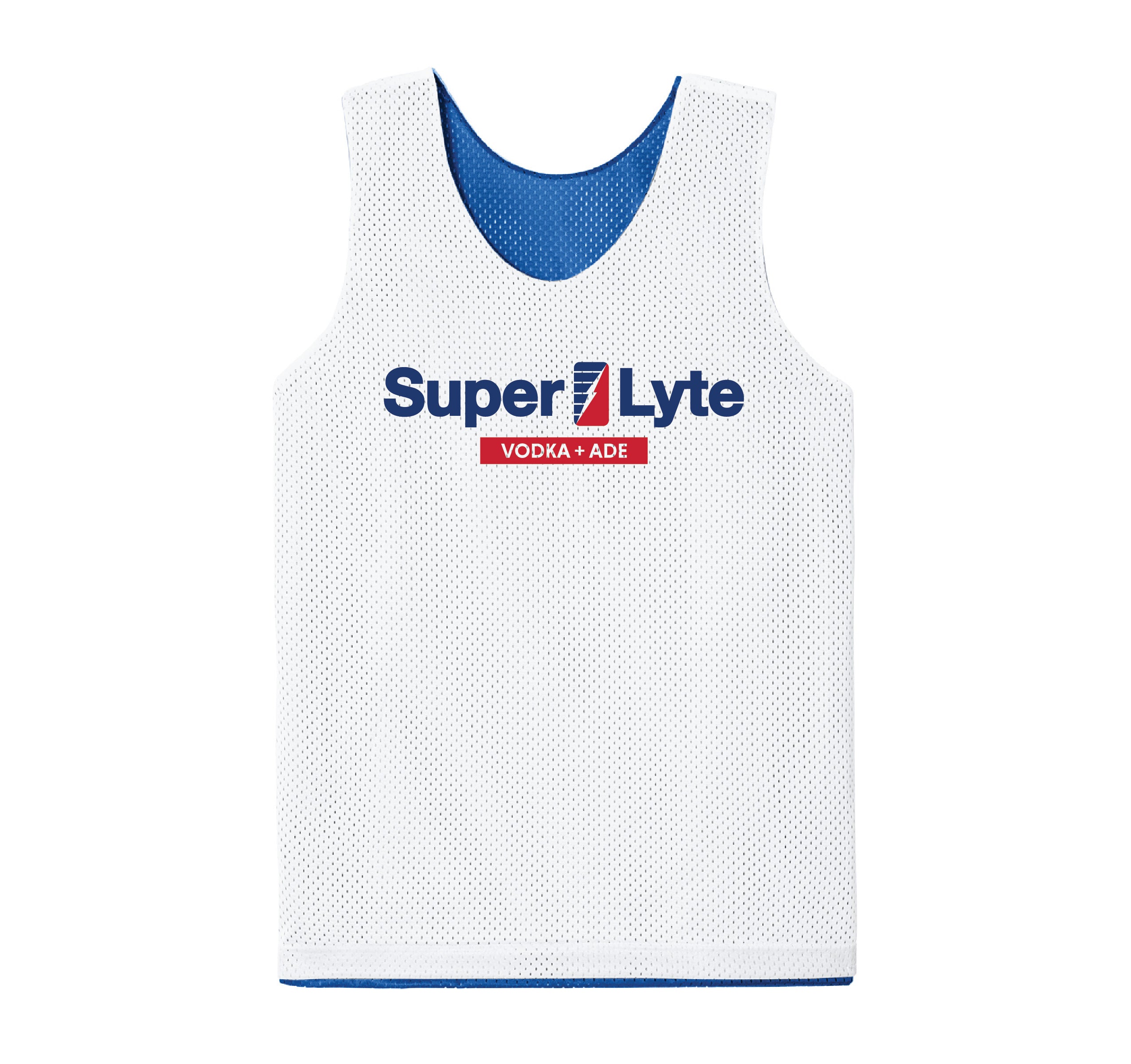 A white mesh athletic tank top with blue trim and a 'Super Lyte VODKA+ ADE' logo printed on the chest, shown against a plain white background.