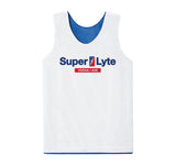 A white mesh athletic tank top with blue trim and a 'Super Lyte VODKA+ ADE' logo printed on the chest, shown against a plain white background.