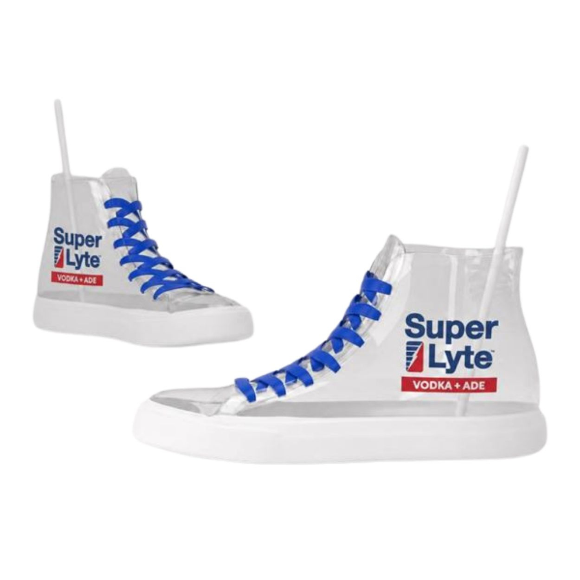 White high-top sneaker-shaped cup with blue laces, a white straw, and the Super Lyte Vodka + Ade logo on the side.