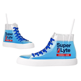 White high-top sneaker-shaped cup filled with blue liquid with blue laces, a white straw, and the Super Lyte Vodka + Ade logo on the side