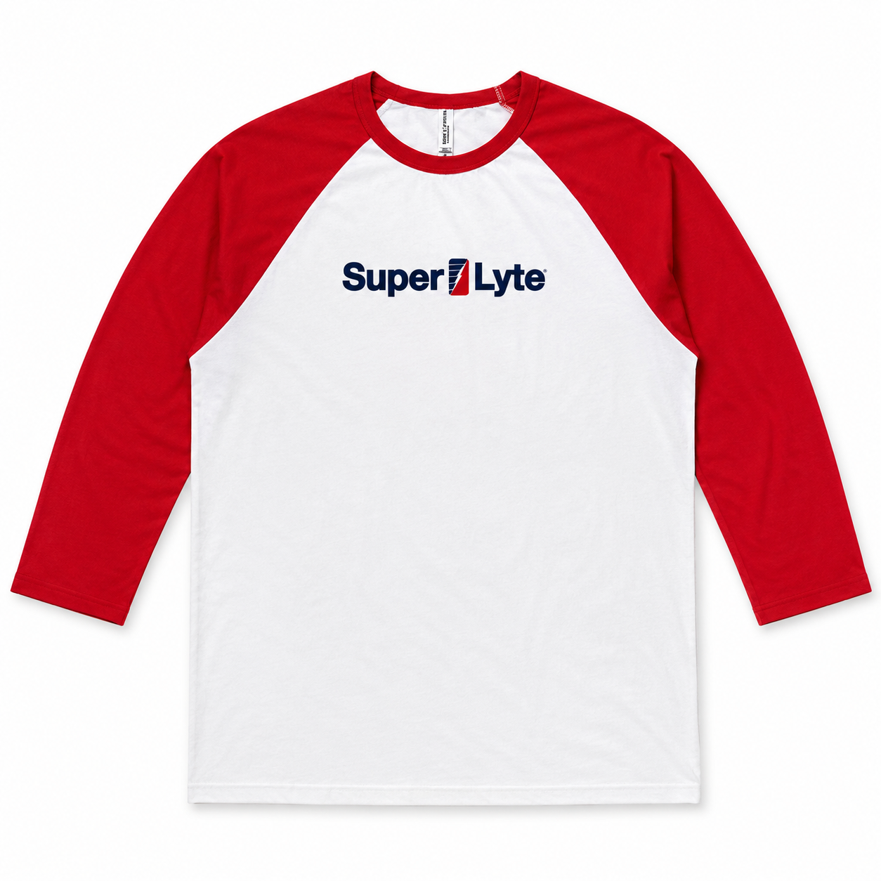 A 3/4 sleeve raglan baseball t-shirt with a white body and red sleeves, featuring the 'Super Lyte' logo printed across the chest.