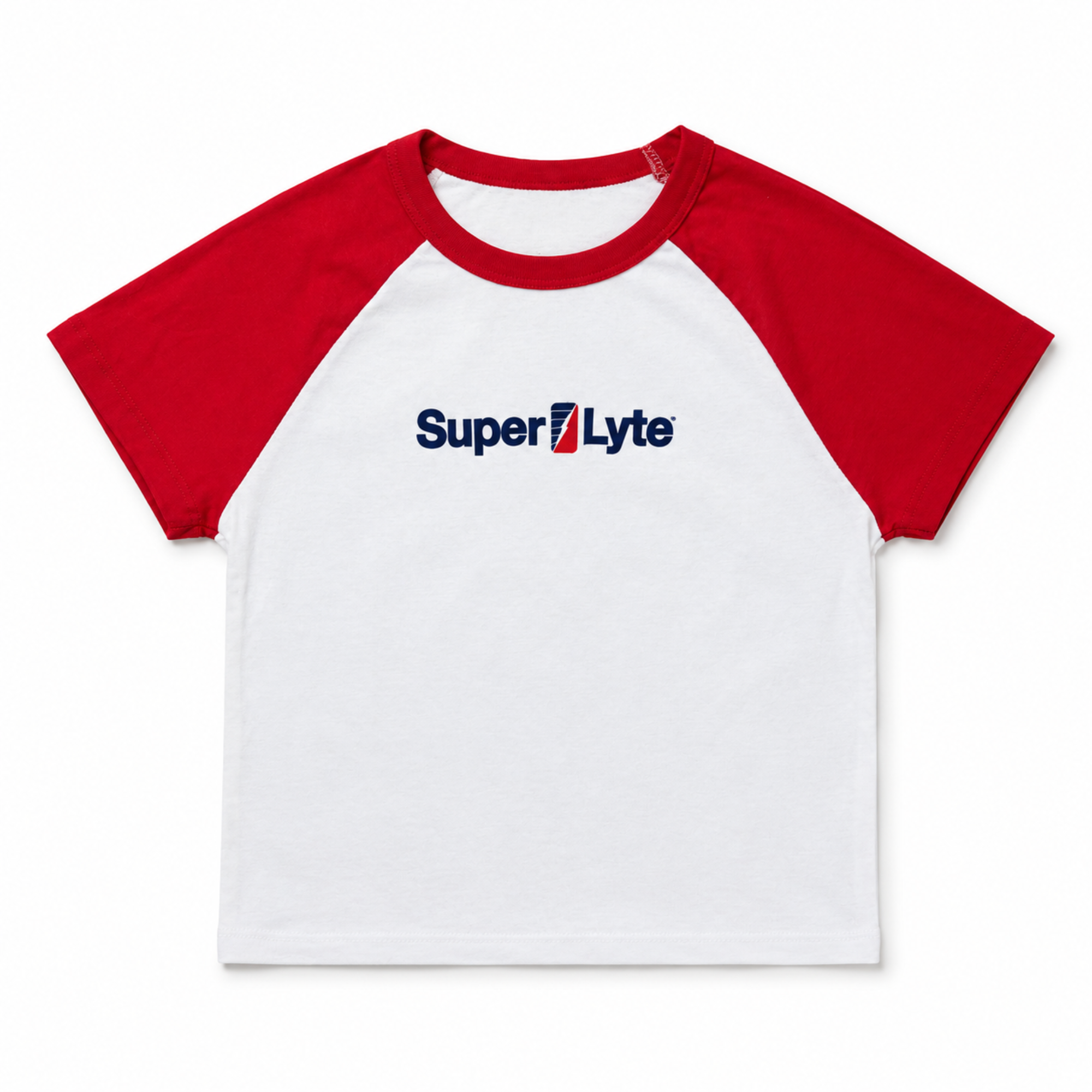 A white and red raglan baseball baby tee  t-shirt with the 'Super Lyte' logo printed in navy blue on the chest, displayed flat against a white background.