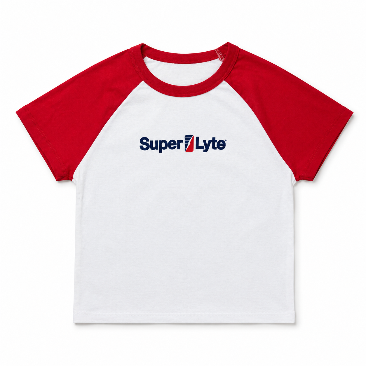 A white and red raglan baseball baby tee  t-shirt with the 'Super Lyte' logo printed in navy blue on the chest, displayed flat against a white background.