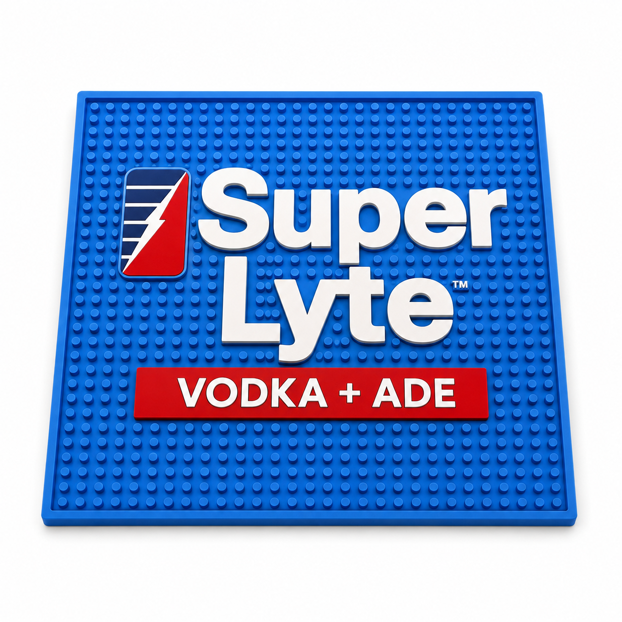 A square blue bar mat textured mat featuring the Super Lyte Vodka + ADE logo in white and red, shown on a clean white background.