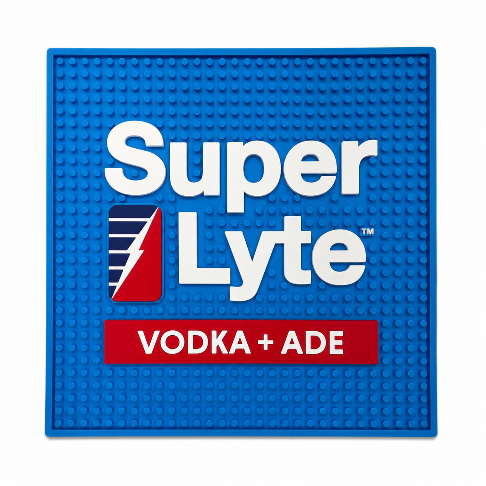 A square blue textured bar mat featuring the 'Super Lyte VODKA + ADE' logo in white and red