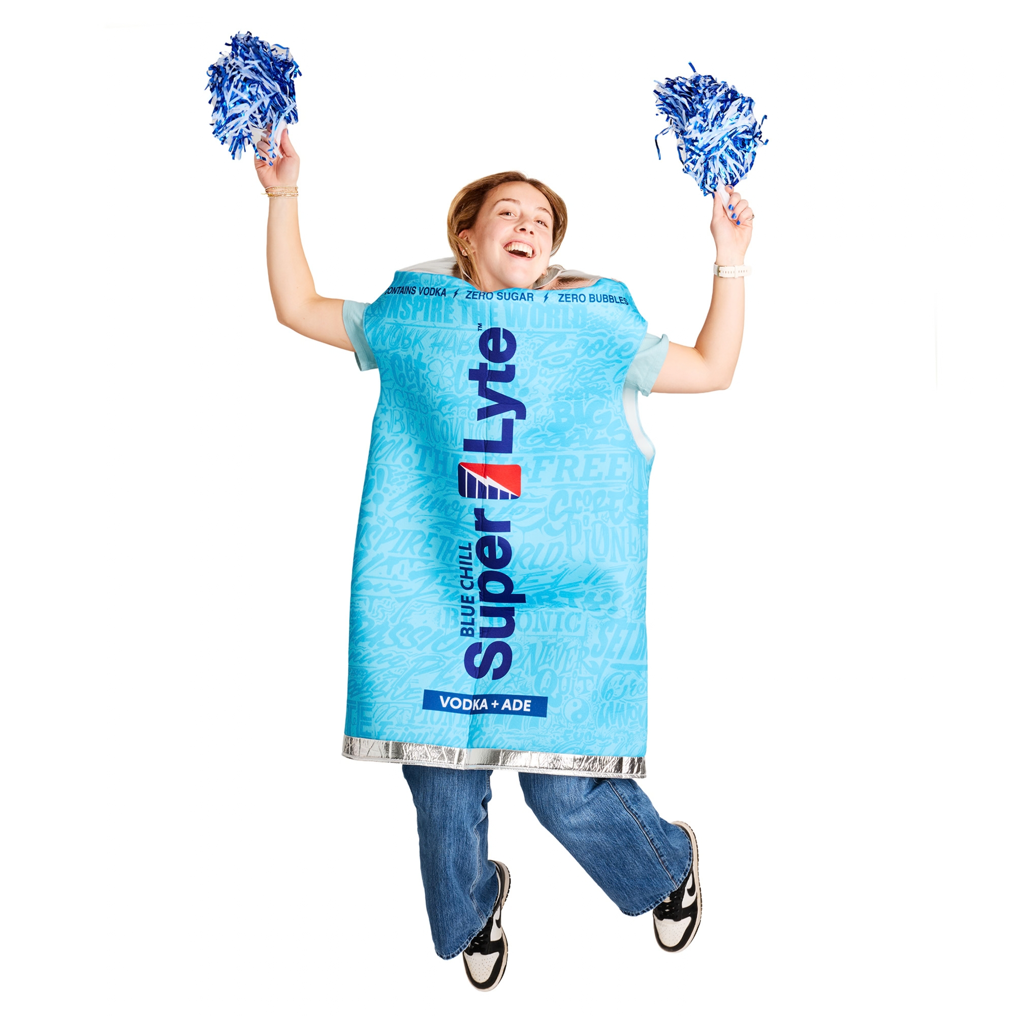 Girl wearing a can shaped Super Lyte Vodka + Ade Blue chill costume. The costume show cases Super Lyte's exact can brand elements and the Super lyte logo