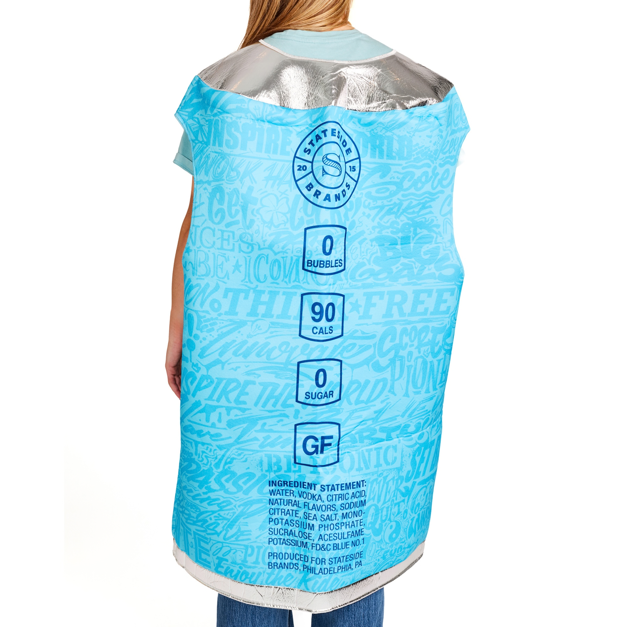 The back of the can shaped Super Lyte Blue Chill costume show casing brand and can elements.