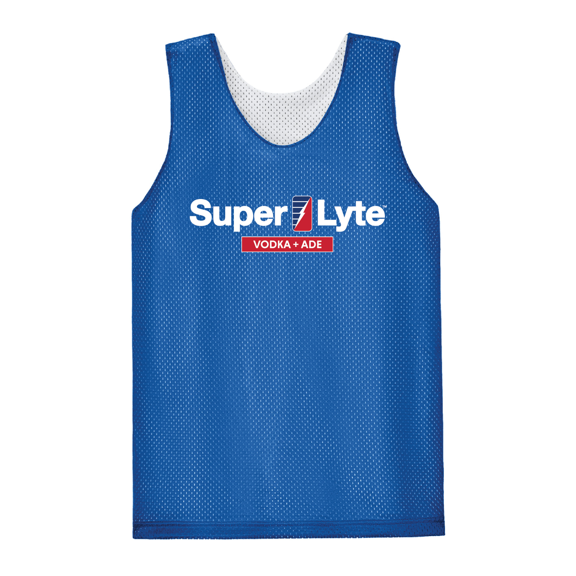 A blue mesh athletic tank top with a white inner collar, featuring a 'Super Lyte VODKA + ADE' logo printed on the chest.