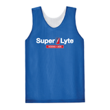 A blue mesh athletic tank top with a white inner collar, featuring a 'Super Lyte VODKA + ADE' logo printed on the chest.