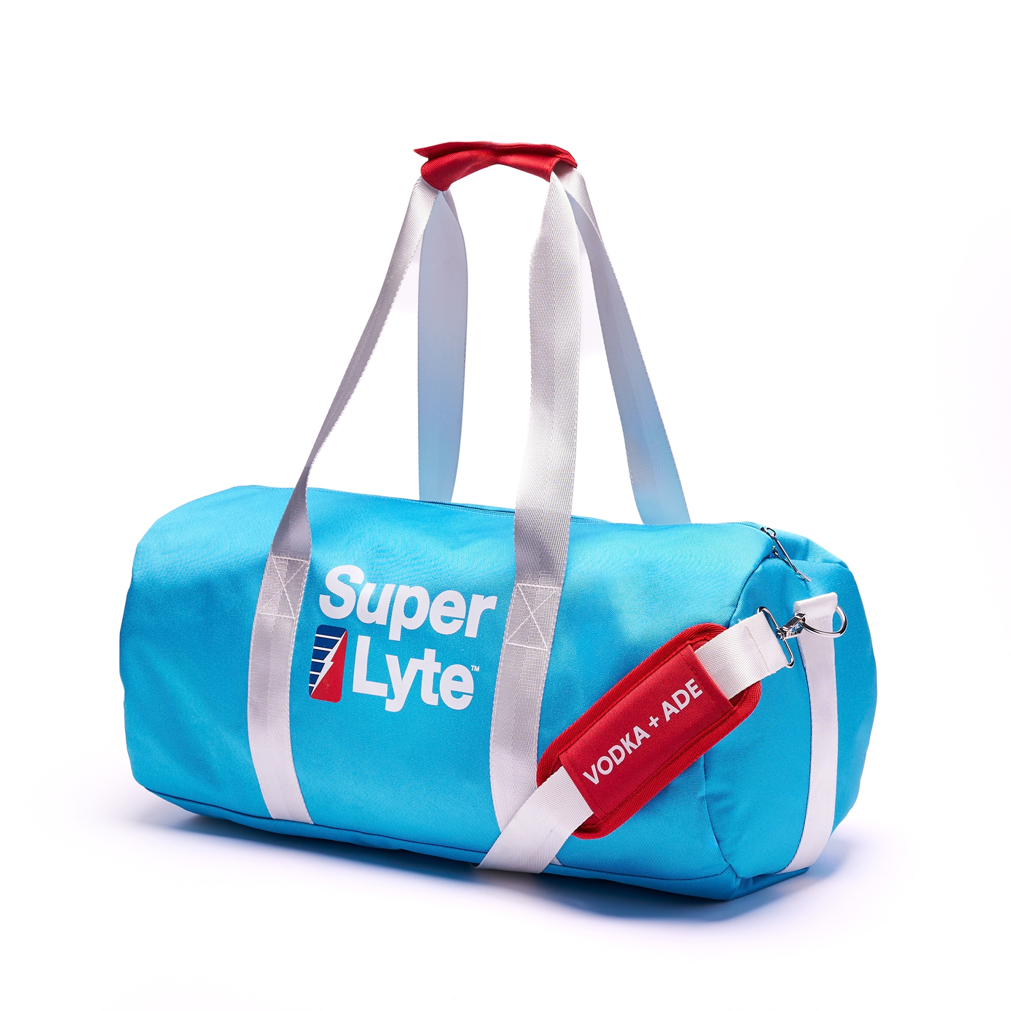 Super Lyte turquoise polyester duffel bag with white straps, red accents, and adjustable shoulder strap on a white backround