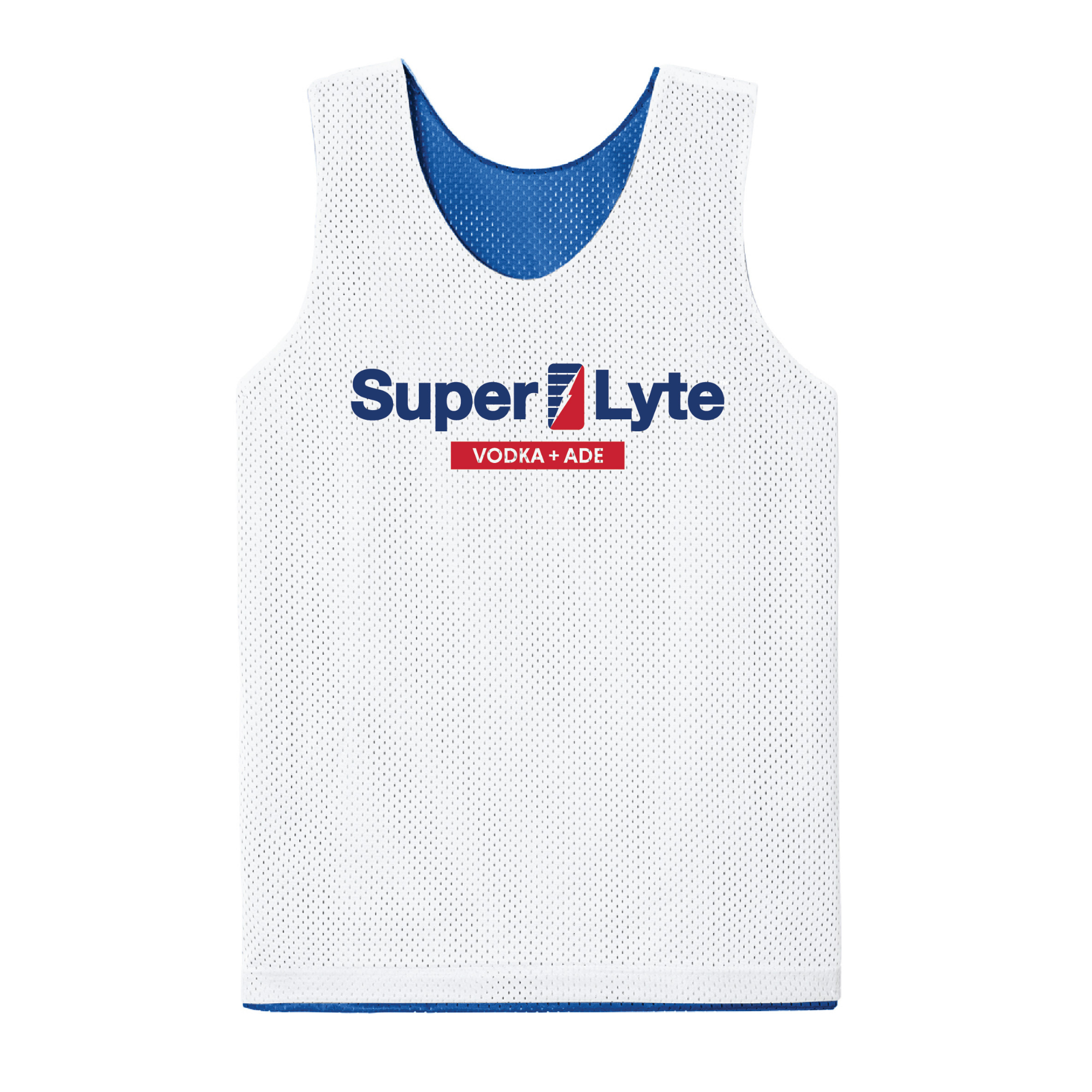 A white mesh athletic tank top with blue trim and a 'Super Lyte VODKA+ ADE' logo printed on the chest, shown against a plain white background.