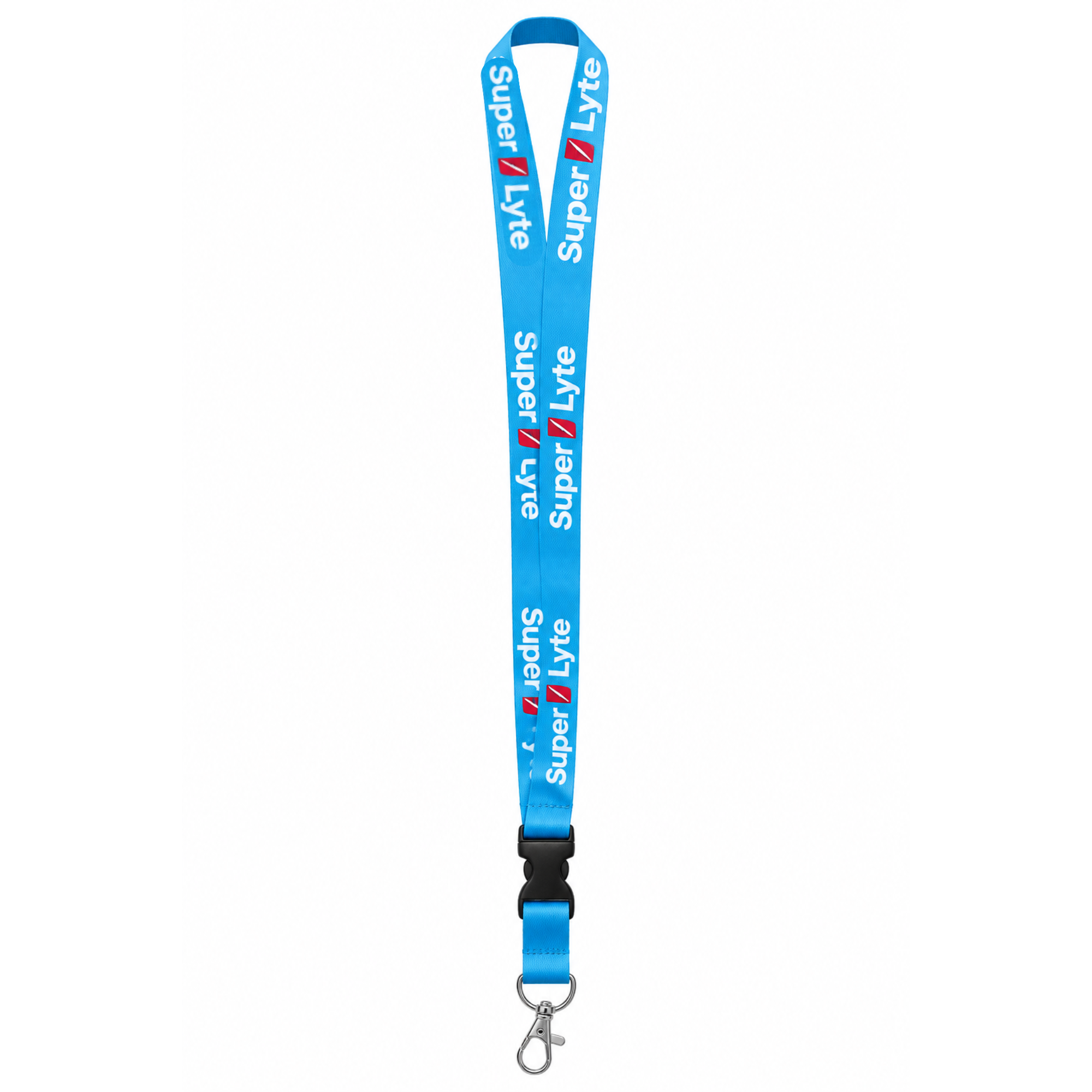 A light blue lanyard with a repeating white 'Super Lyte' logo and red bolt graphic, featuring a black plastic buckle and a silver metal clasp at the bottom, shown on a plain white background.
