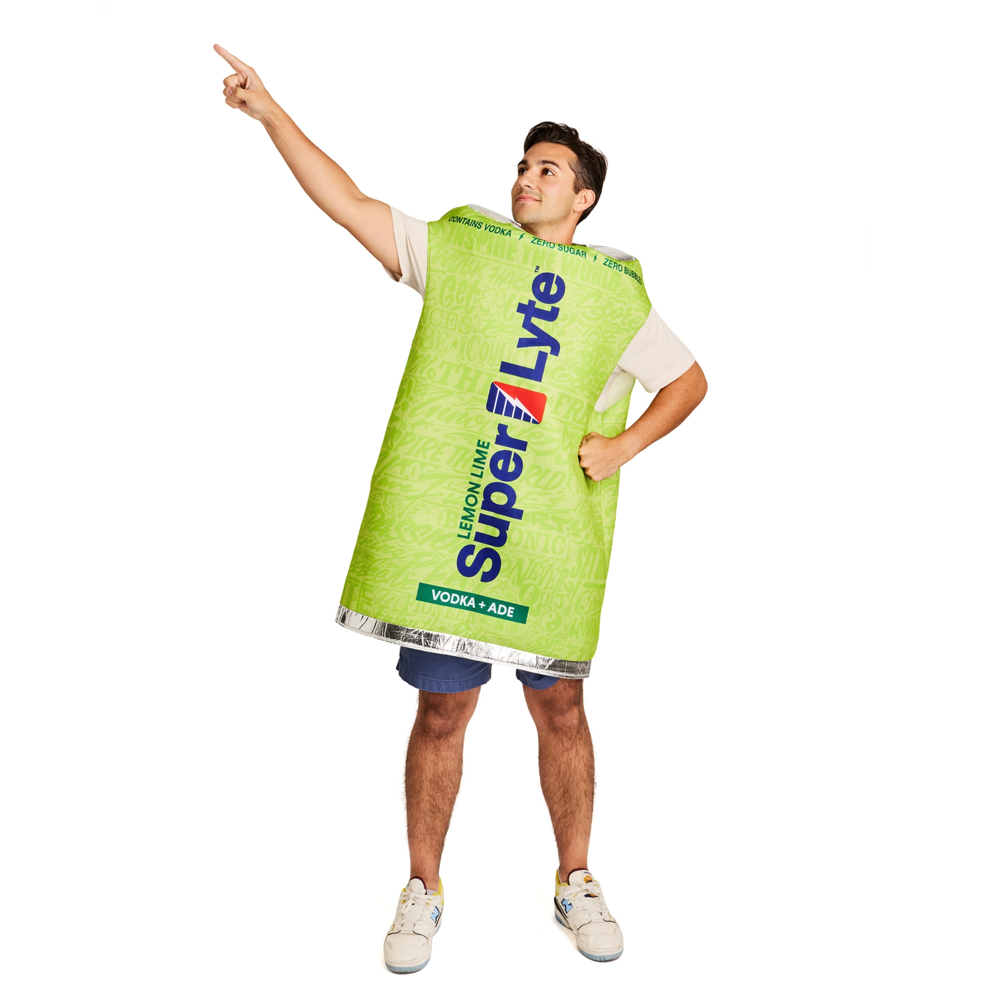 Man wearing a can shaped Super Lyte Vodka + Ade Lemon Lime costume. The costume show cases Super Lyte's exact can brand elements and the Super lyte logo