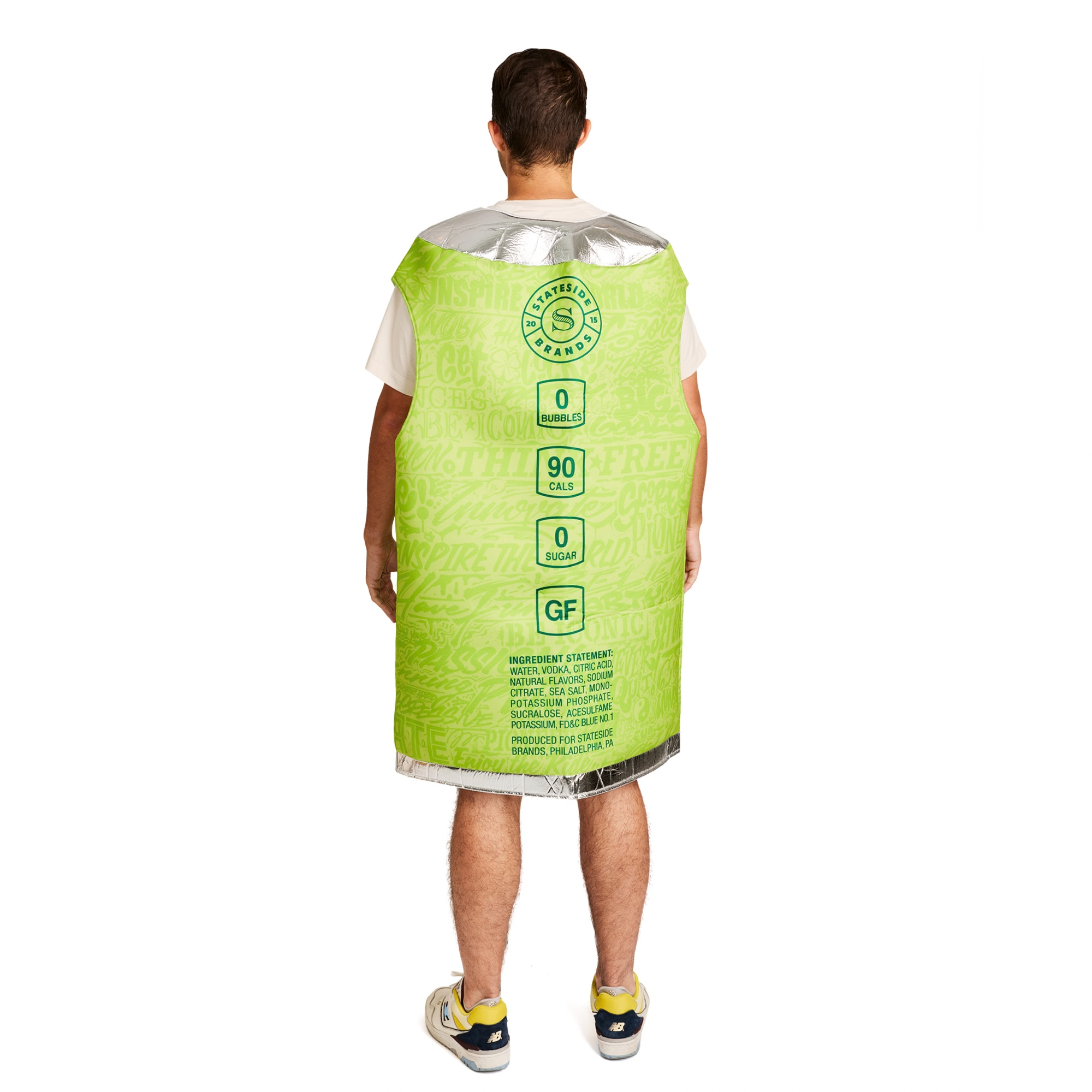 The back of the can shaped Super Lyte Lemon Lime costume show casing brand and can elements.