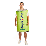 Man wearing a can shaped Super Lyte Vodka + Ade Lemon Lime costume. The costume show cases Super Lyte's exact can brand elements and the Super lyte logo