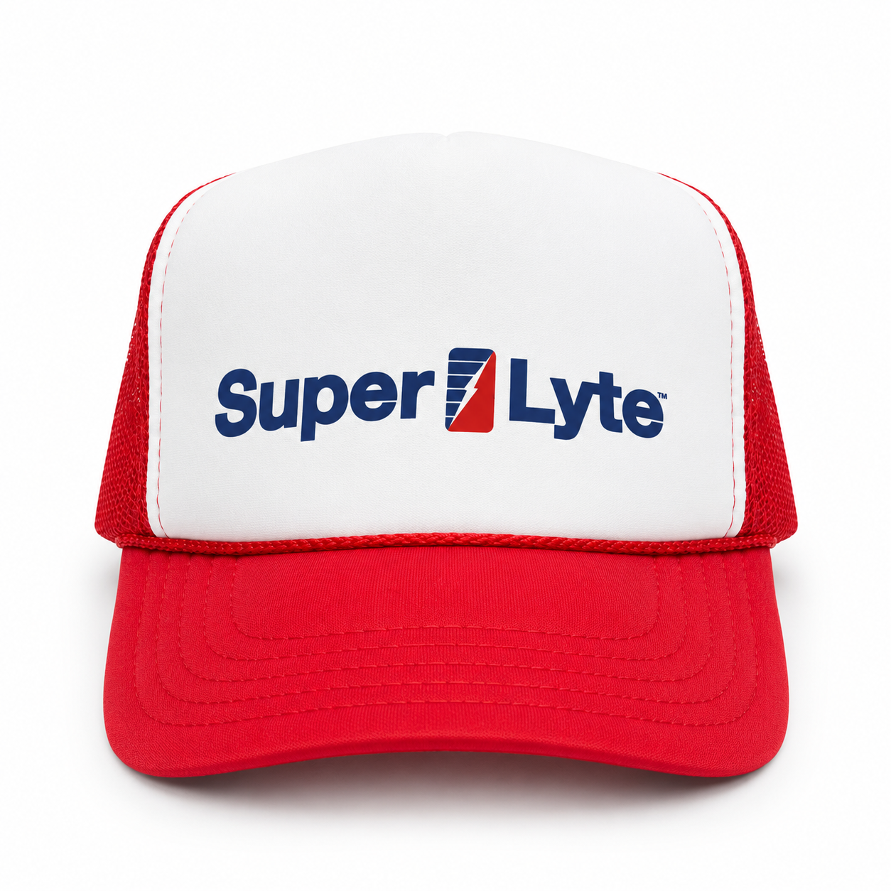 A red and white trucker hat featuring the 'Super Lyte' logo embroidered on the front white panel, set against a plain white background.